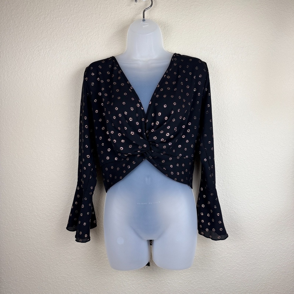 Mahina Black Rose Gold Metallic Twist Front Bell Sleeve Crop Top Waist Tie Sz M
